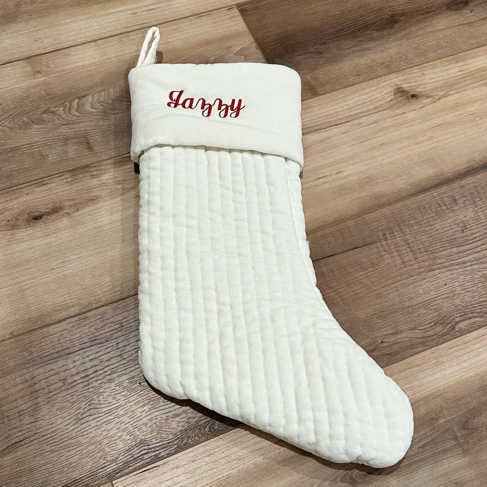 Pottery Barn Ivory Channel Quilted Velvet Stockings Embroidered Jazzy